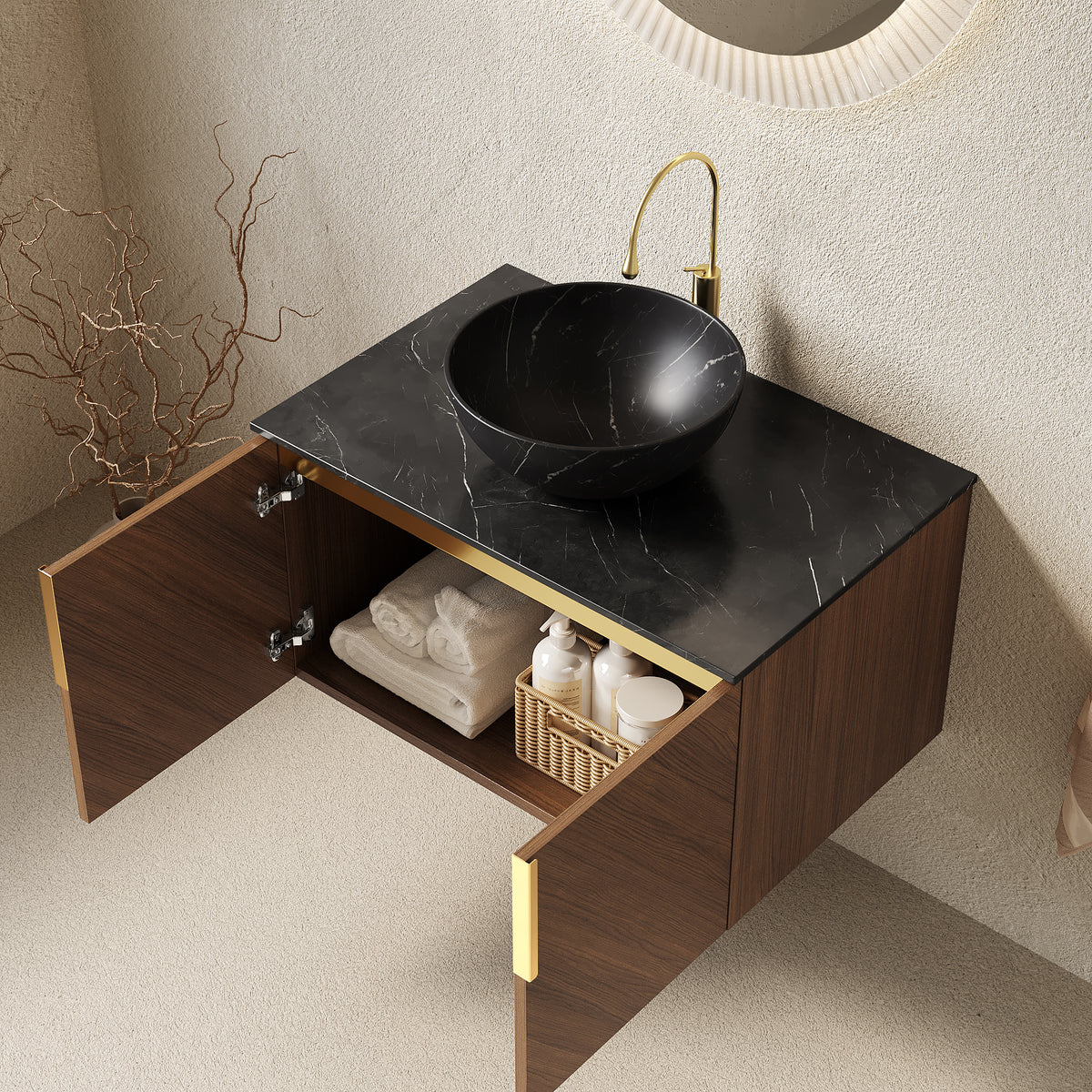 Dexmalle 30" Bathroom Vanity&Sink, Floating Plywood Bathroom Storage Cabinet with 2 Doors, Black Sintered Stone Top