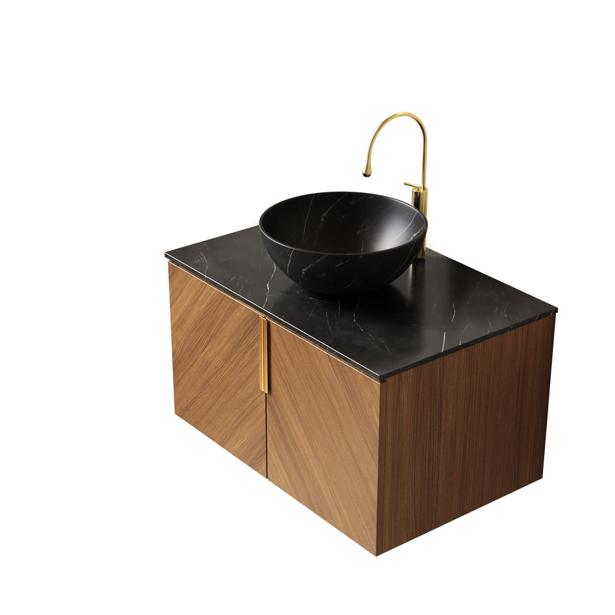 Dexmalle 30" Bathroom Vanity&Sink, Floating Plywood Bathroom Storage Cabinet with 2 Doors, Black Sintered Stone Top
