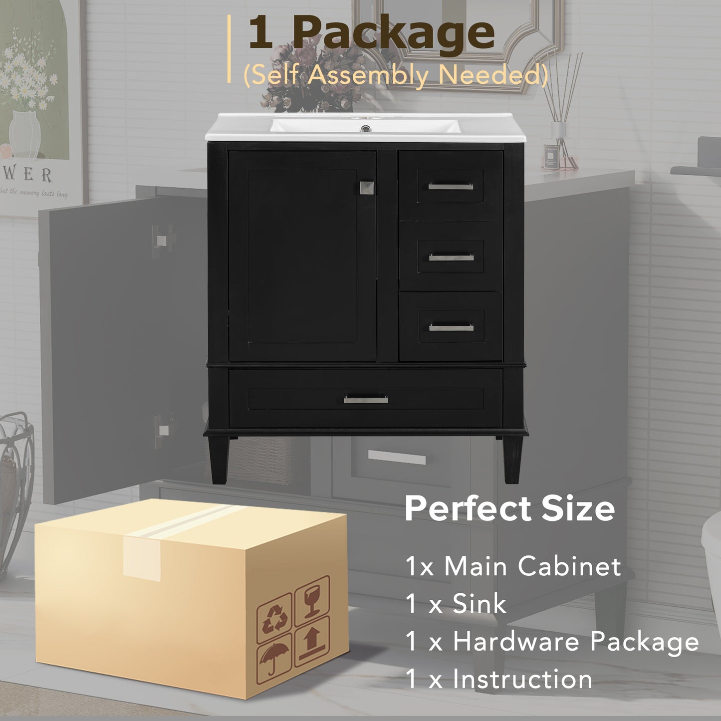Dexmalle 30-in Black Freestanding Single Sink Bathroom Vanity with White Ceramic Top and Drawers
