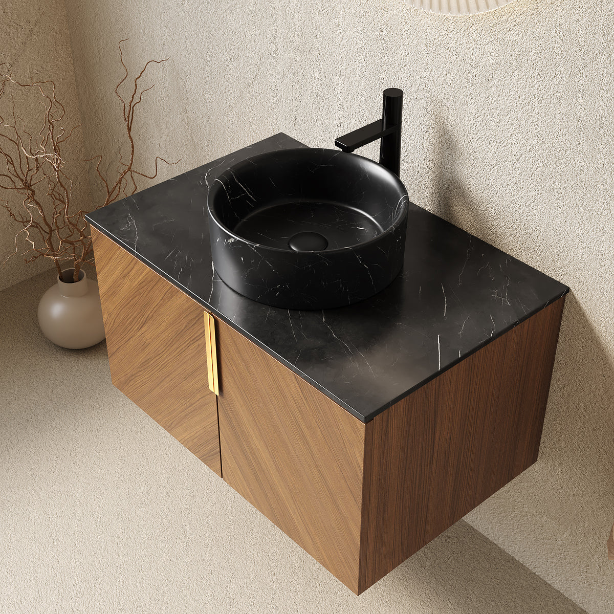 Dexmalle 30" Bathroom Vanity&Sink, Wall-Mounted Plywood Bathroom Storage Cabinet with Double Doors, Black Sintered Stone Countertop