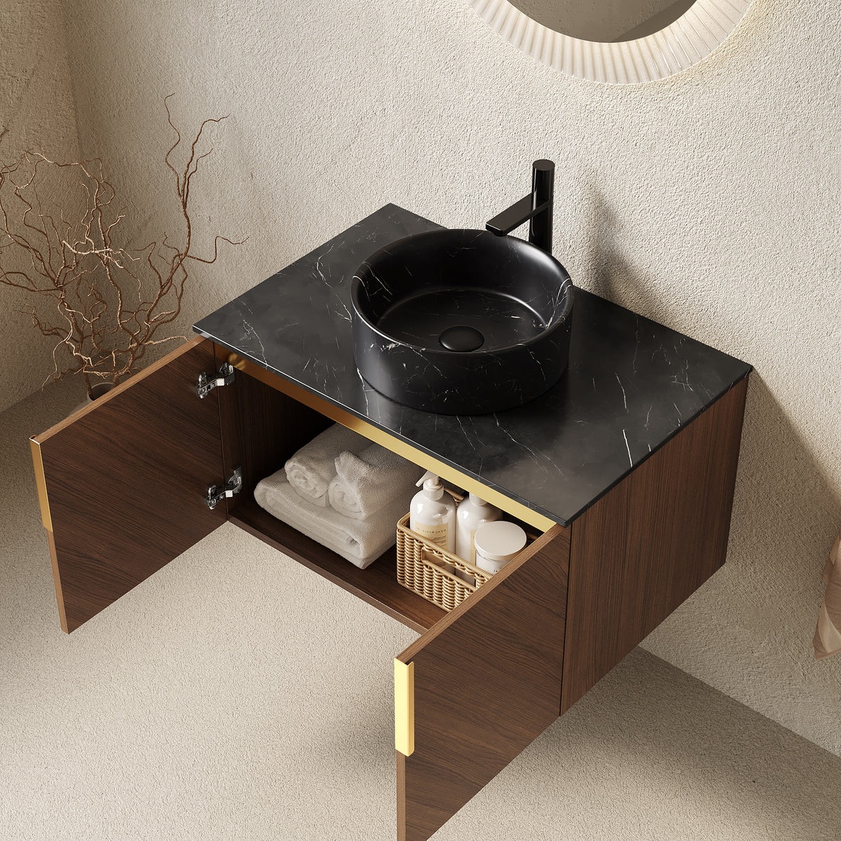 Dexmalle 30" Bathroom Vanity&Sink, Wall-Mounted Plywood Bathroom Storage Cabinet with Double Doors, Black Sintered Stone Countertop