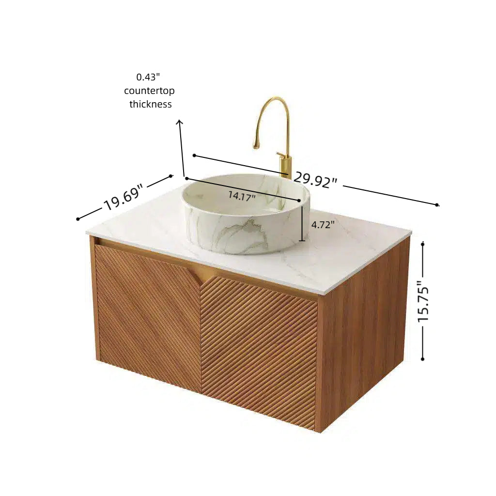 Dexmalle 30" Bathroom Vanity&Sink, Floating Plywood Storage Cabinet, Twill Double Doors with Metal Trim, Matte Stone Pattern