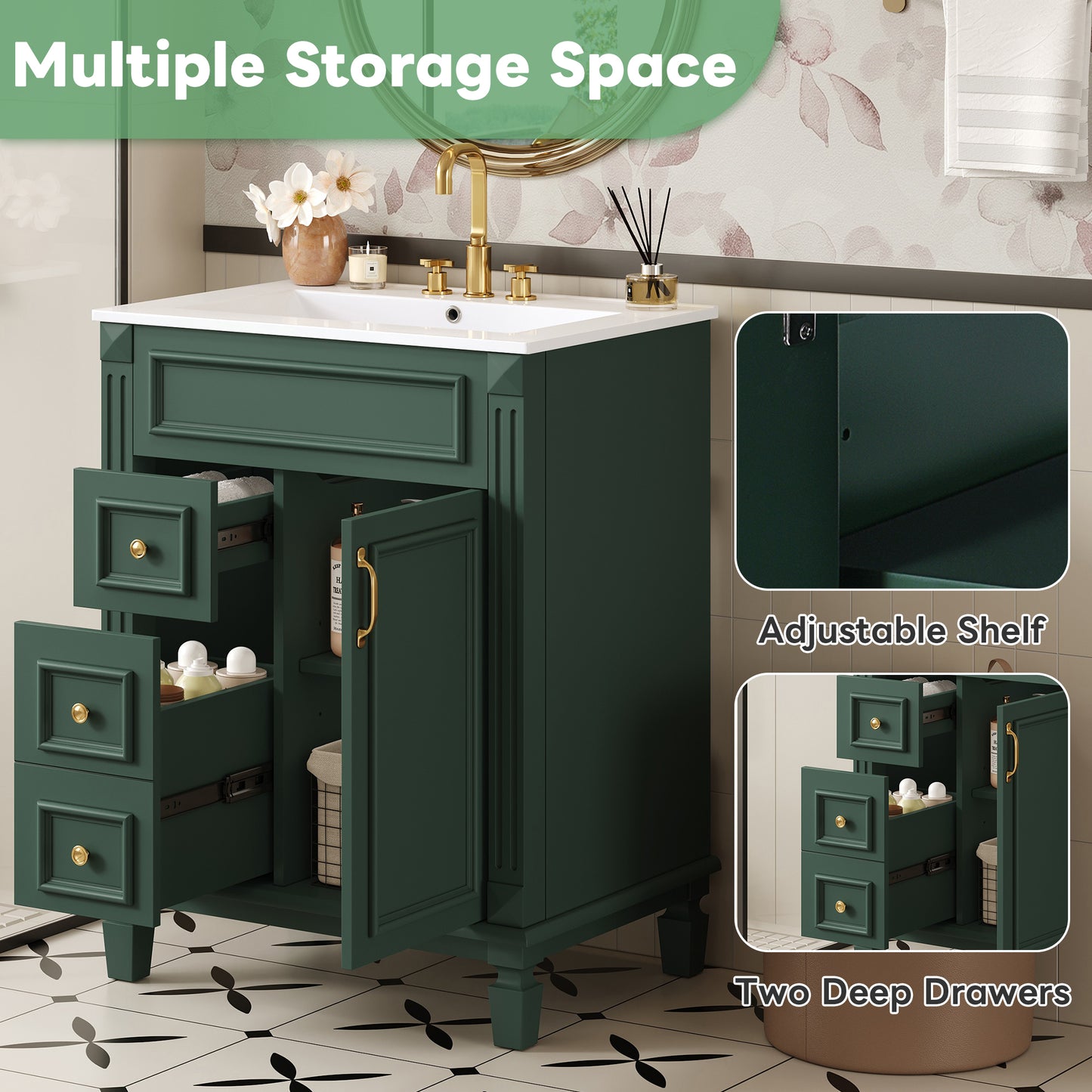 Dexmalle 24-in Green Modern Freestanding Single Sink Bathroom Vanity With Whtie Top and Two Drawers