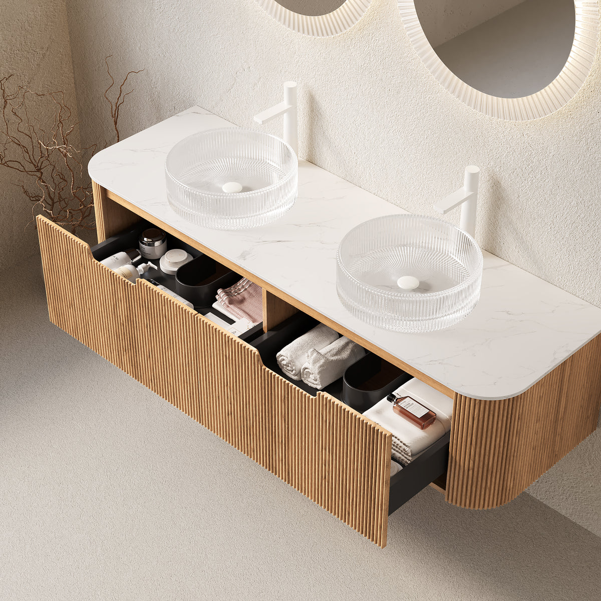 Dexmalle 60" Bathroom Vanity&Sinks, Floating Curved Edges Striped Storage Cabinet with 2 Drawers, 2 Transparent Round Glass Basins
