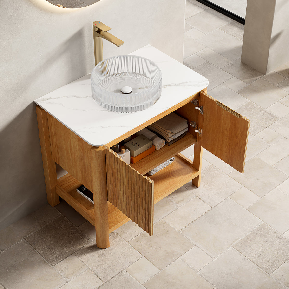 Dexmalle 30" Bathroom Vanity&Sink, Freestanding Plywood Bathroom Storage Cabinet with 2 Bamboo Texture Doors&Open Shelf