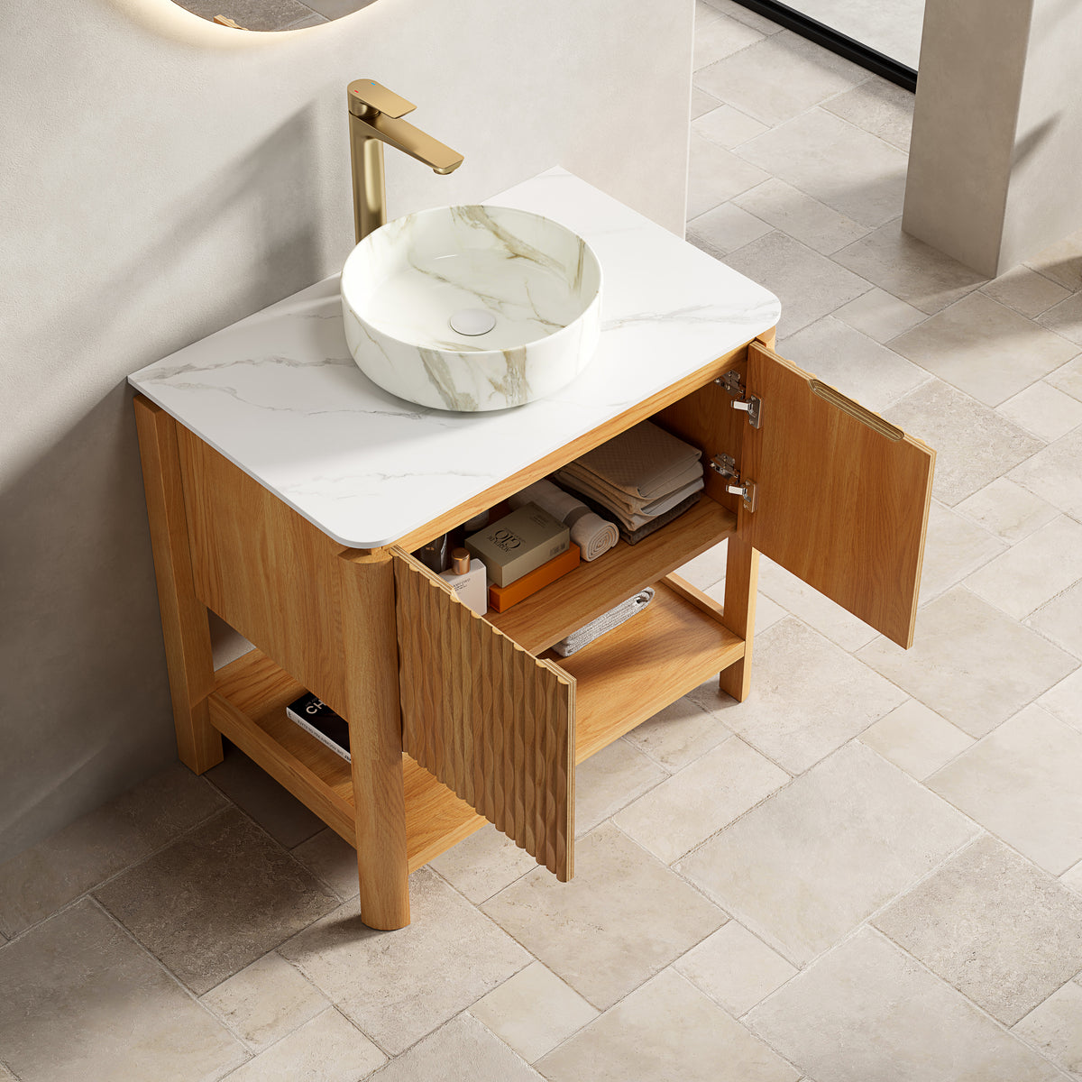 Dexmalle 30" Bathroom Vanity&Sink, Freestanding Plywood Storage Cabinet with 2 Bamboo Texture Doors&Open Shelf