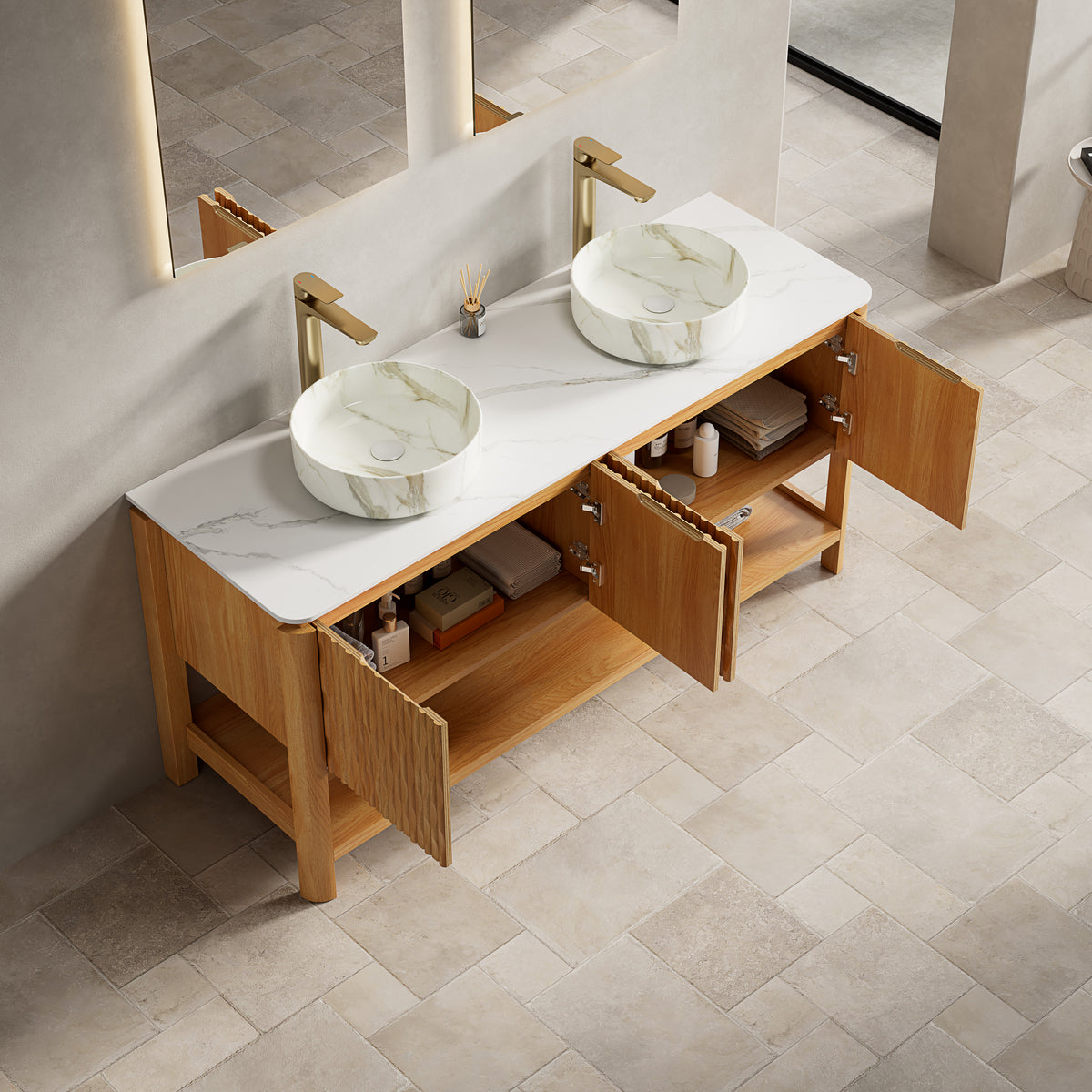 Dexmalle 60" Bathroom Vanity&Sinks,Freestanding Plywood Storage Cabinet with 4 Bamboo Texture Doors&Open Shelf