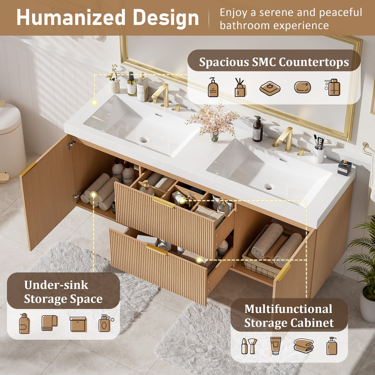 Dexmalle 59.3 Inch Double Sink Bathroom Vanity with SMC Resin Top