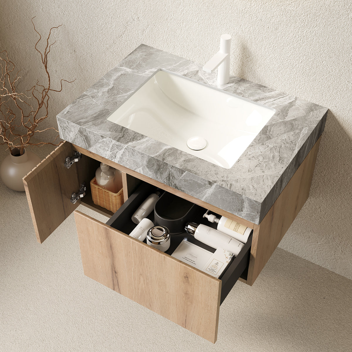 Dexmalle Bathroom Vanity&Sink, Floating Plywood Storage Cabinet with Drawer&Door