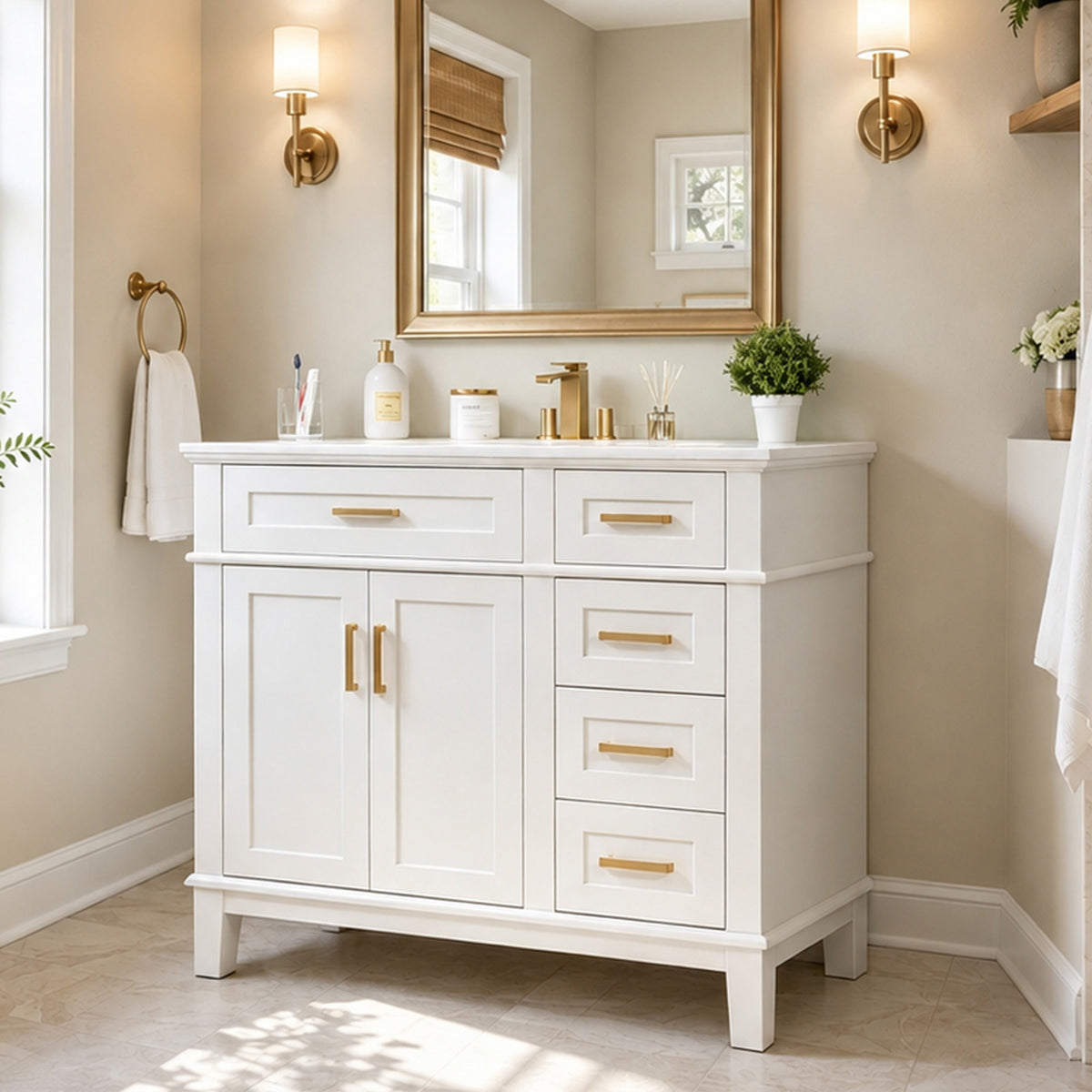 Dexmalle 36" White Modern Bathroom Vanity with Ceramic Sink