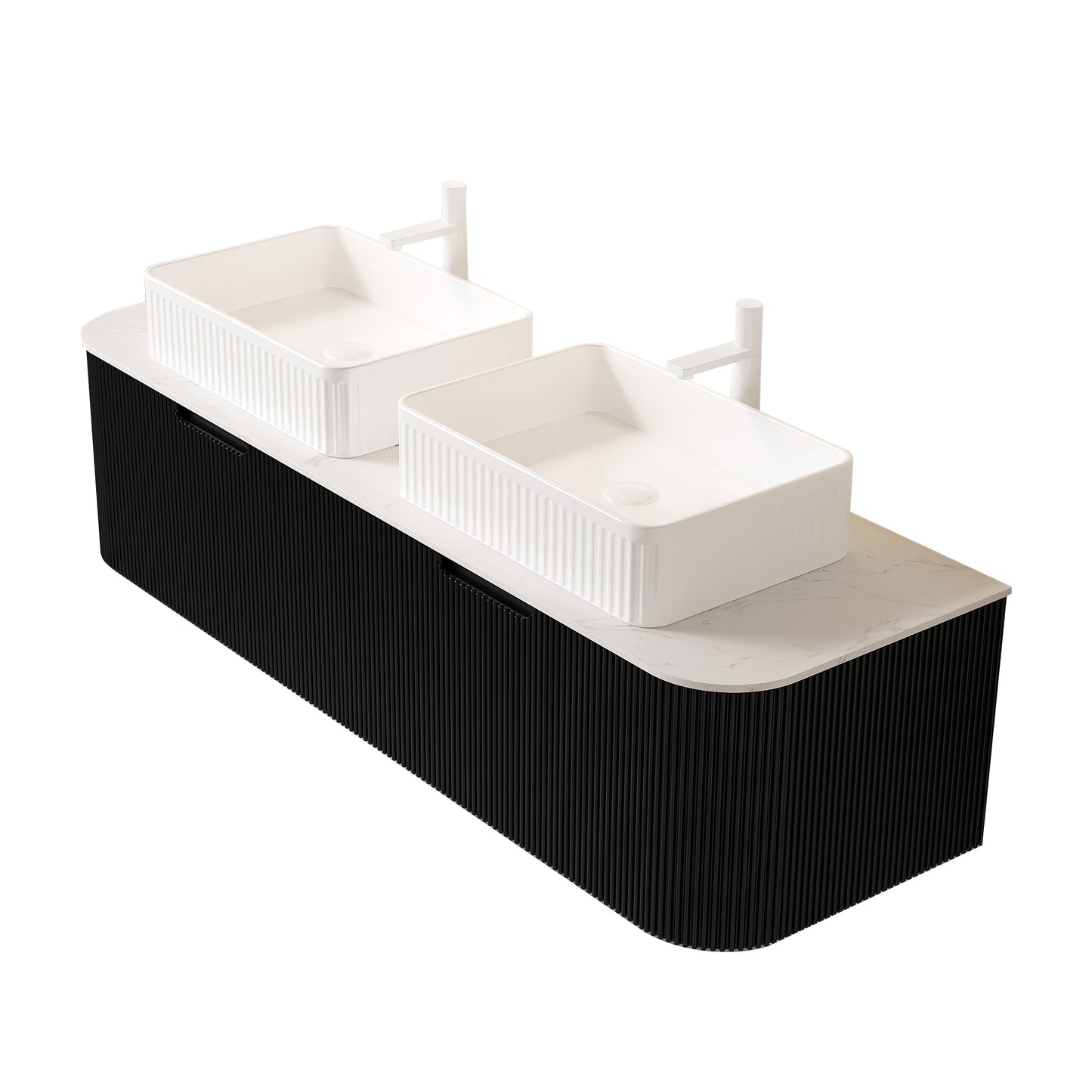 Dexmalle 60-in Black Wall-mount Double Sink Bathroom Vanity with Sintered Stone Top and White Vessel Sink