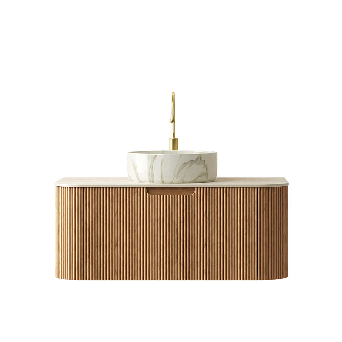 Dexmalle 36" Bathroom Vanity&Sink, Floating Curved Edges Striped Cabinet with Drawer, Round Ceramic Basin