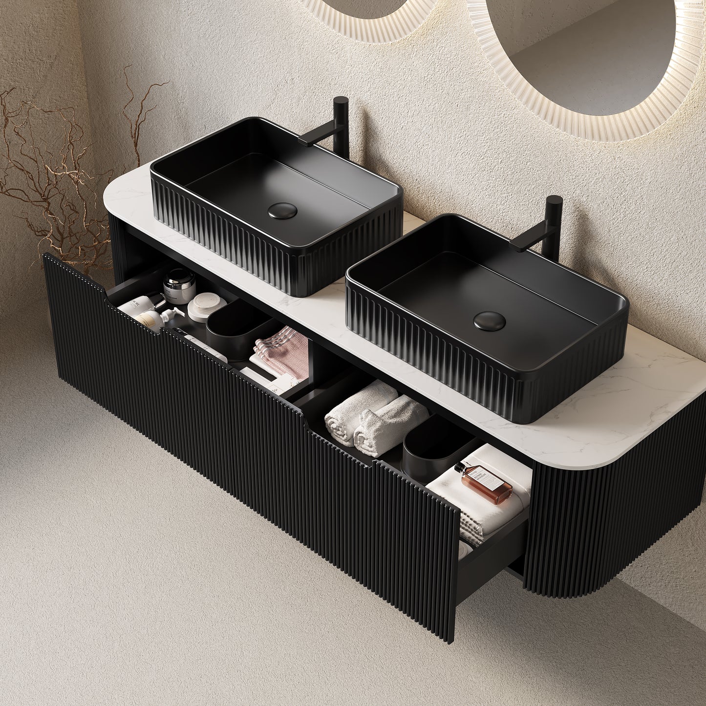 Dexmalle 60-in Black Wall-mount Double Sink Bathroom Vanity with Sintered Stone Top and Black Vessel Sink