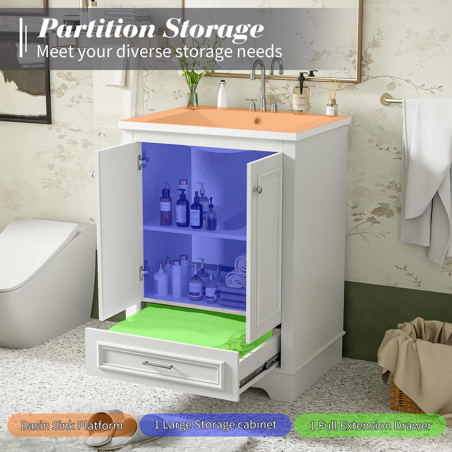 Dexmalle 24-in White Freestanding Single Sink Bathroom Vanity with White Ceramic Top