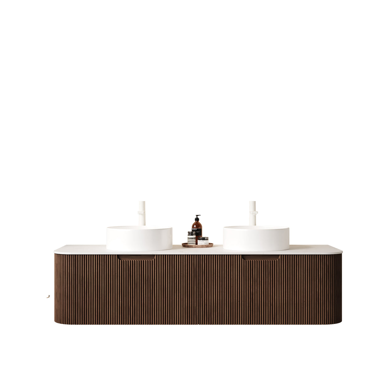 Dexmalle  60" Bathroom Vanity&Sinks, Floating Curved Edges Striped Storage Cabinet with 2 Drawers, 2 White Round Ceramic Basins