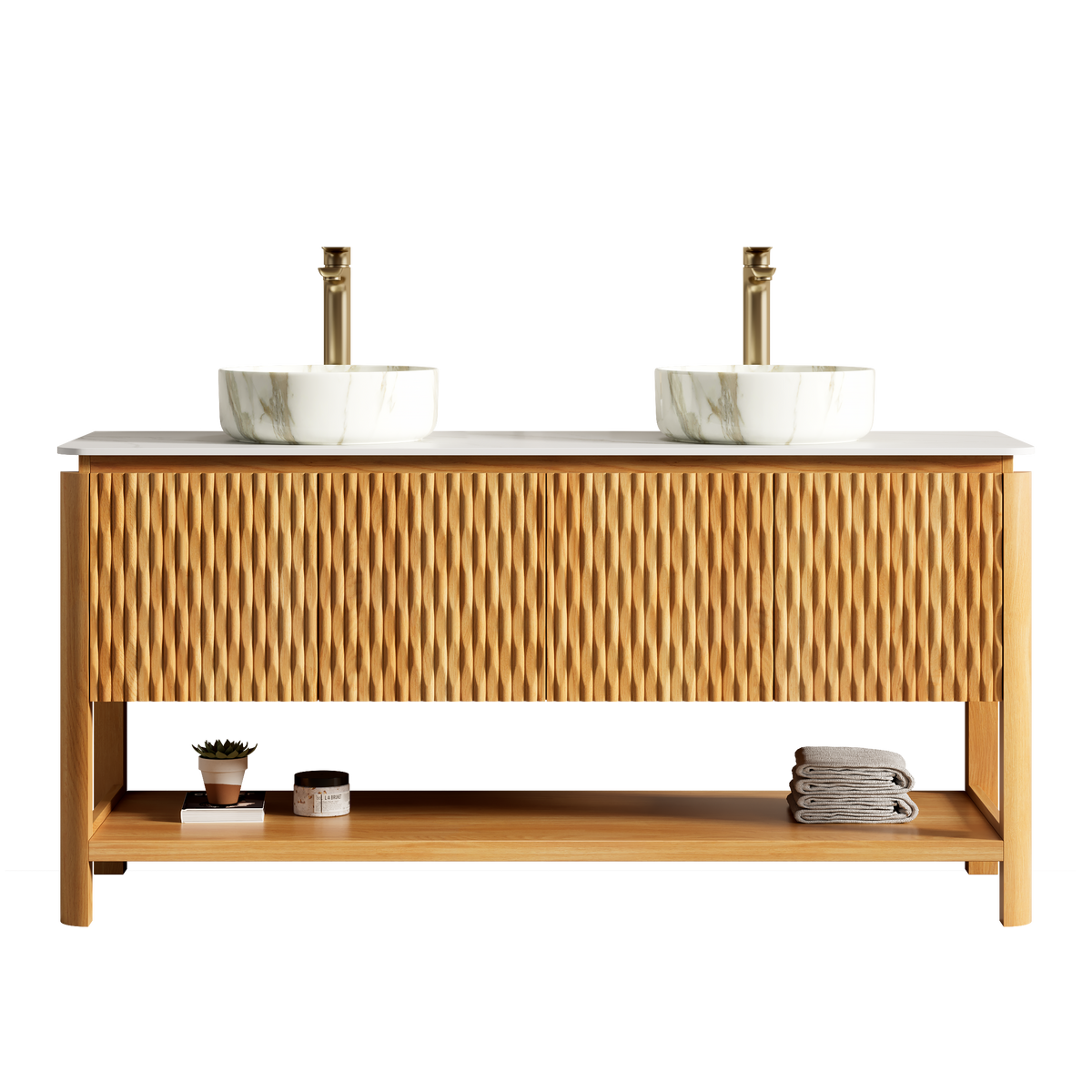 Dexmalle 60" Bathroom Vanity&Sinks,Freestanding Plywood Storage Cabinet with 4 Bamboo Texture Doors&Open Shelf