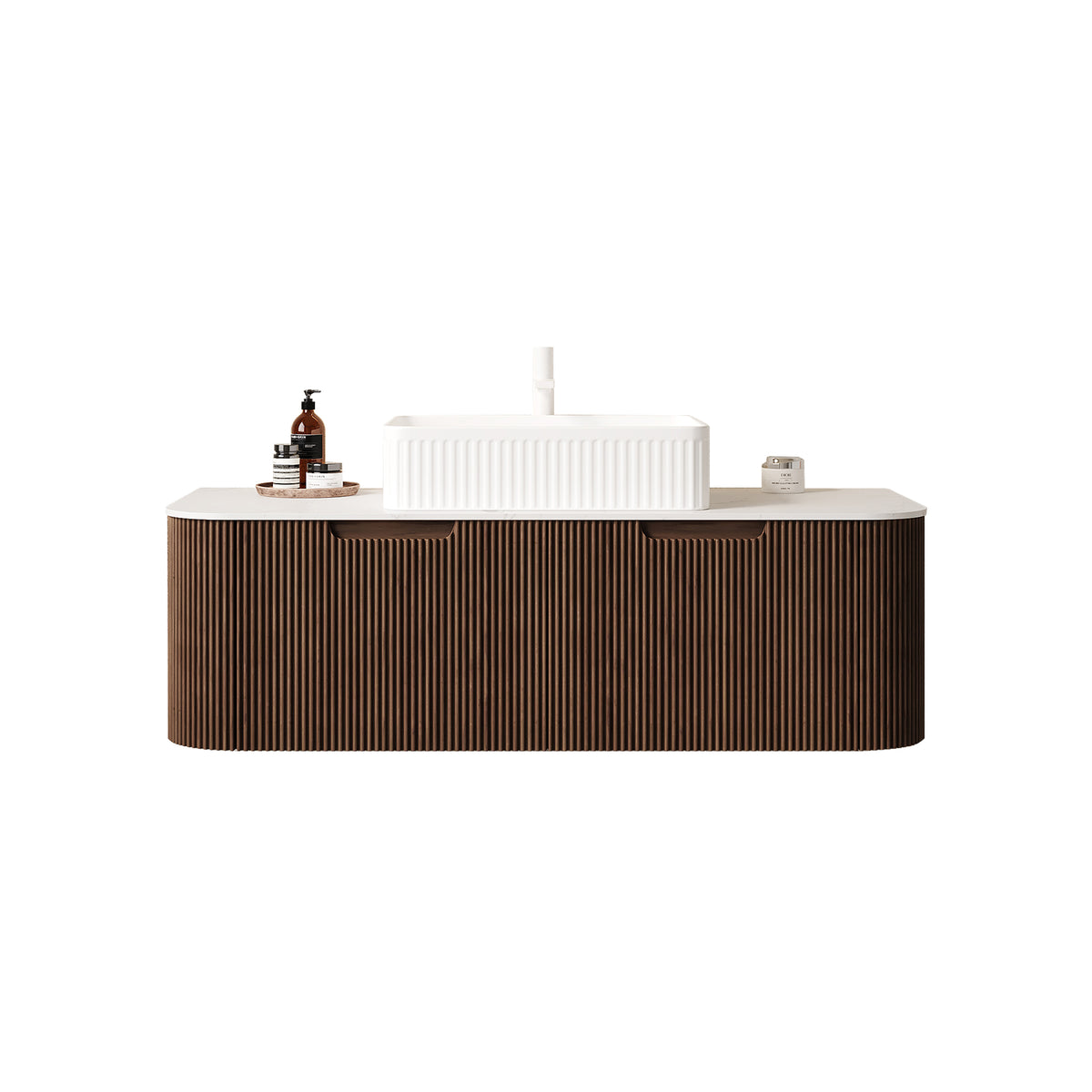 Dexmalle 48" Bathroom Vanity&Sink, Floating Curved Edges Stripe Storage Cabinet with 2 Drawers, White Rectangular Ceramic Basin