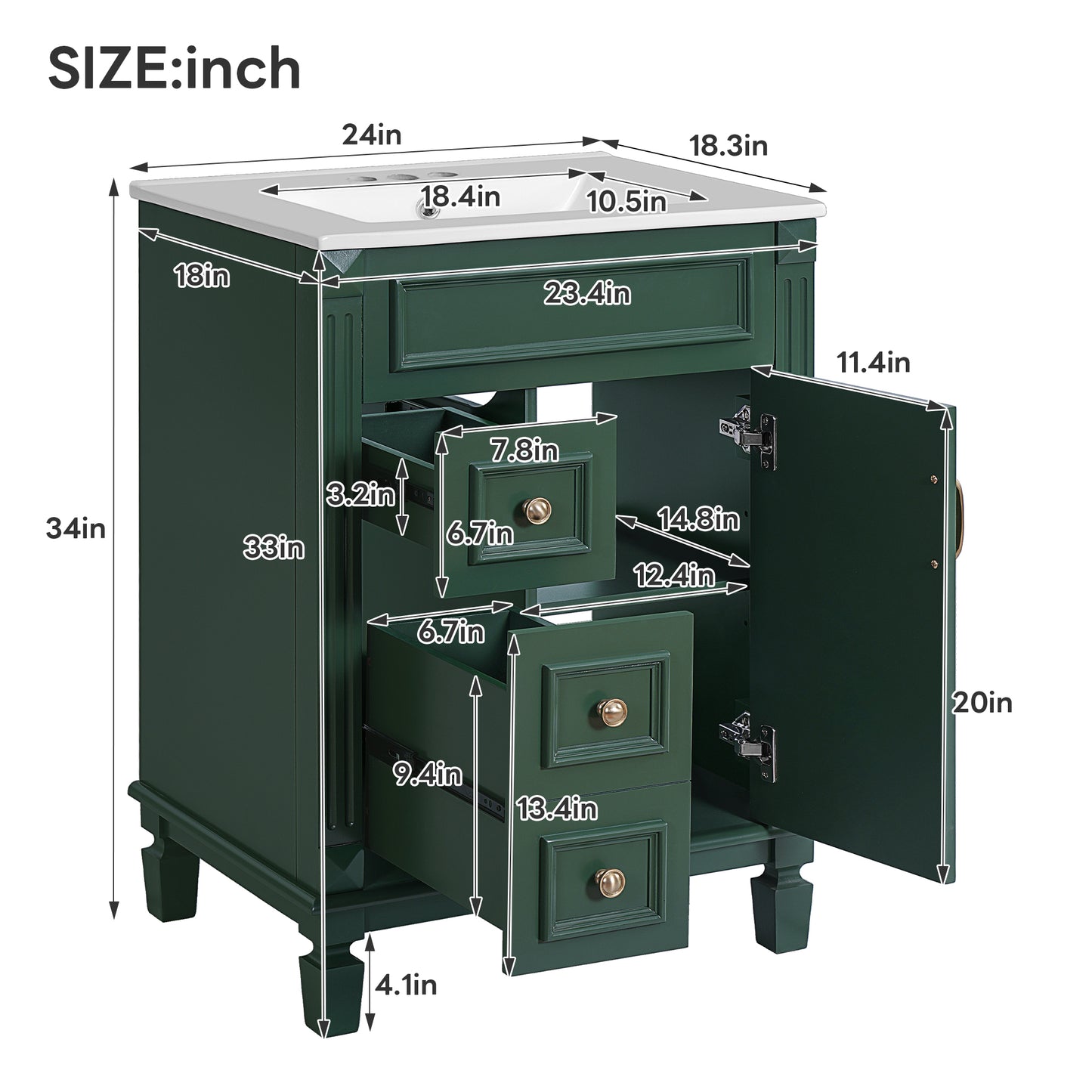 Dexmalle 24-in Green Modern Freestanding Single Sink Bathroom Vanity With Whtie Top and Two Drawers