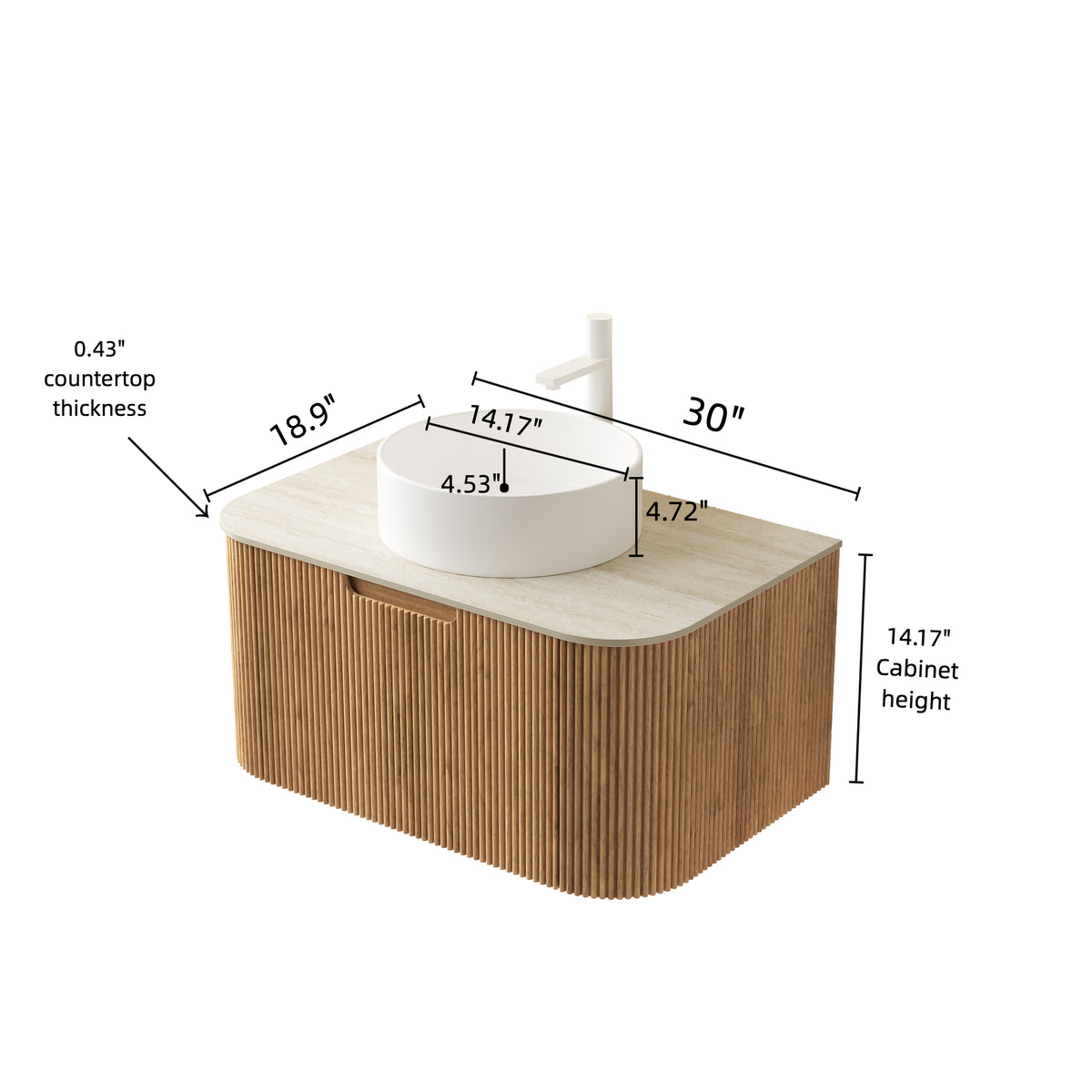 Dexmalle 30" Bathroom Vanity&Sink, Floating Curved Edge Striped Plywood Storage Cabinet with Drawer, White Round Ceramic Basin