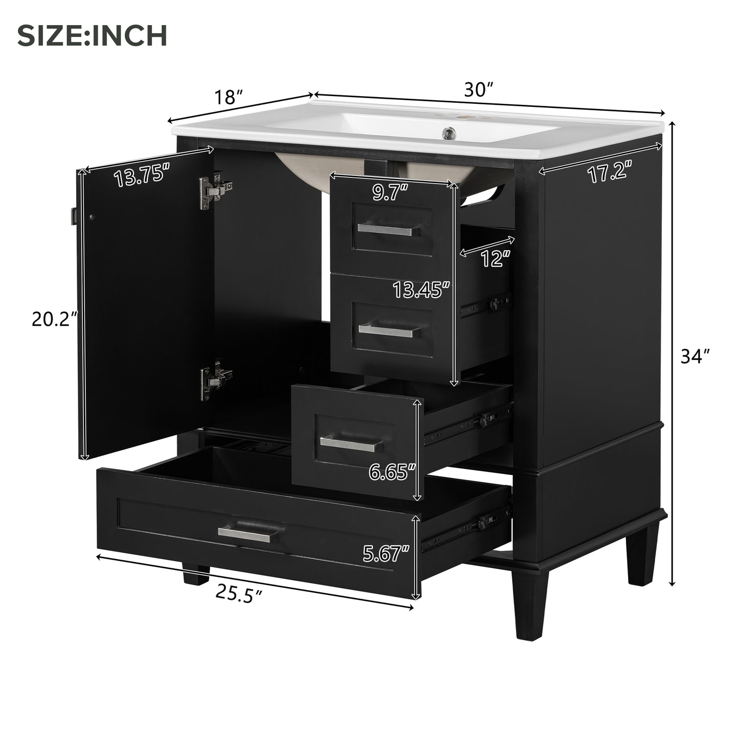 Dexmalle 30-in Black Freestanding Single Sink Bathroom Vanity with White Ceramic Top and Drawers