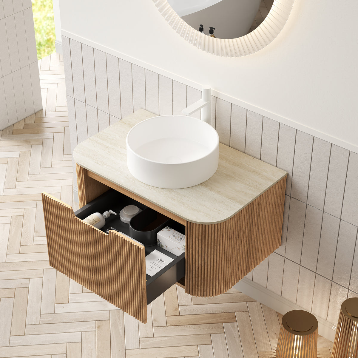 Dexmalle 30" Bathroom Vanity&Sink, Floating Curved Edge Striped Plywood Storage Cabinet with Drawer, White Round Ceramic Basin