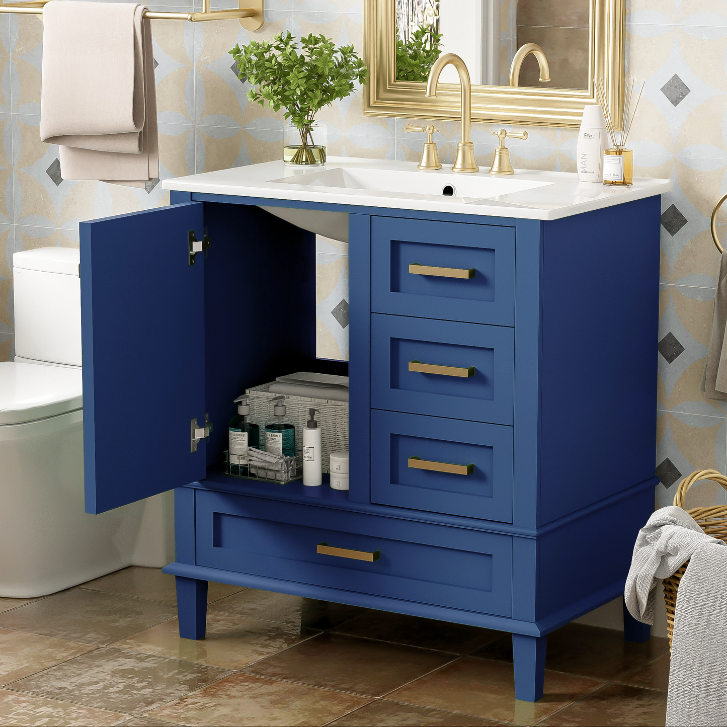 Dexmalle 30-in Blue Freestanding Single Sink Bathroom Vanity With White Ceramic Top and Three Drawers