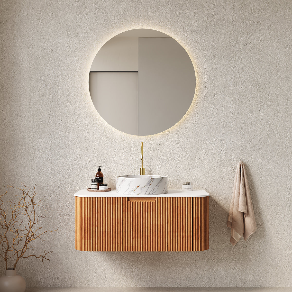 Dexmalle 24" Bathroom Vanity&Sink, Floating Curved Edges Striped Storage Cabinet with Drawer, Matte Stone White Round Ceramic Basin