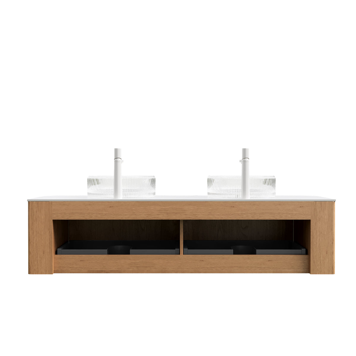 Dexmalle 60" Bathroom Vanity&Sinks, Floating Curved Edges Striped Storage Cabinet with 2 Drawers, 2 Transparent Round Glass Basins