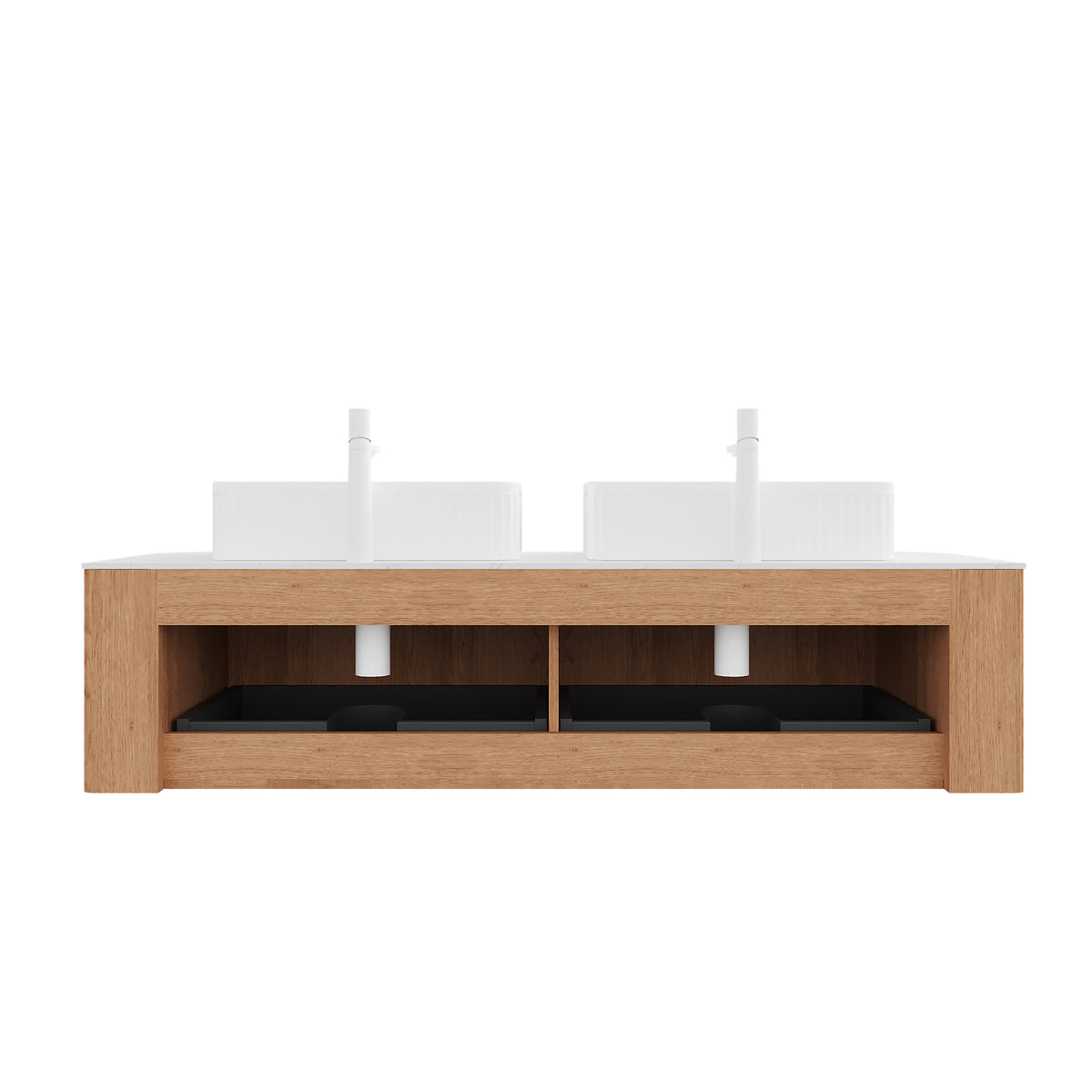 Dexmalle 60" Bathroom Vanity&Sinks, Floating Curved Edges Striped Storage Cabinet with 2 Drawers, 2 White Rectangular Ceramic Basins