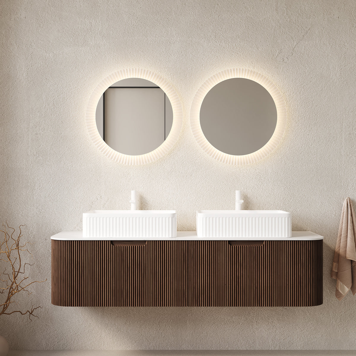 Dexmalle 60" Bathroom Vanity&Sinks, Floating Curved Edges Stripe Storage Cabinet with 2 Drawers, 2 White Rectangular Ceramic Basins