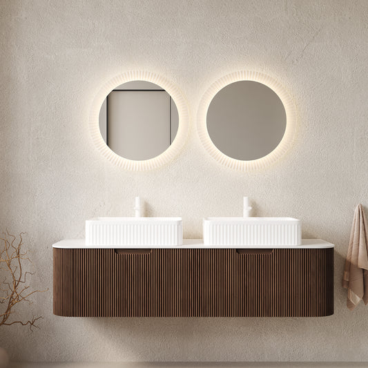 Dexmalle 60" Bathroom Vanity&Sinks, Floating Curved Edges Stripe Storage Cabinet with 2 Drawers, 2 White Rectangular Ceramic Basins