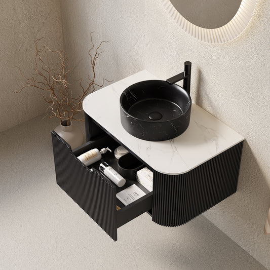 Dexmalle 30" Bathroom Vanity&Sink, Floating Curved Edges Striped Storage Cabinet with Drawer, Stone Black Round Ceramic Basin