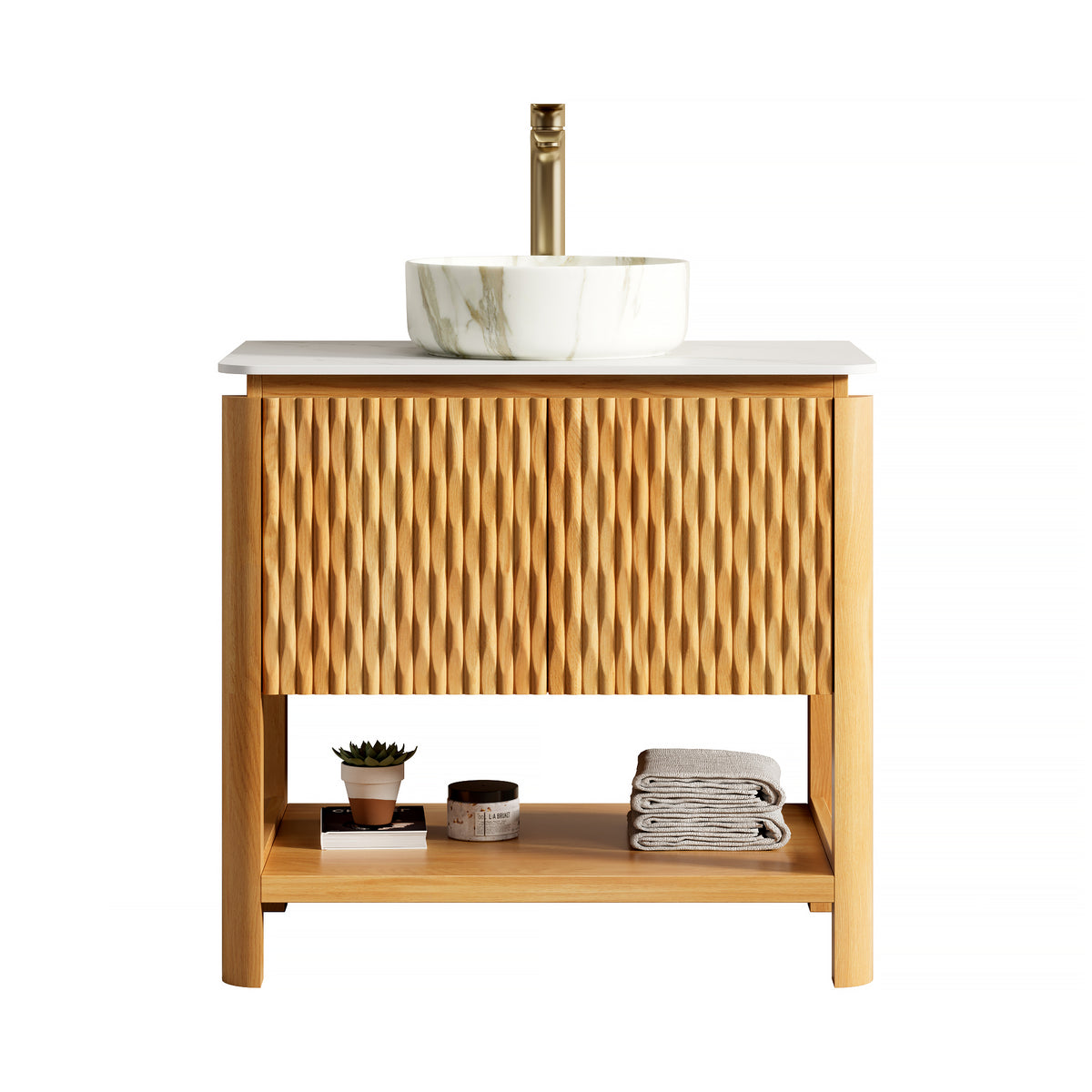 Dexmalle 30" Bathroom Vanity&Sink, Freestanding Plywood Storage Cabinet with 2 Bamboo Texture Doors&Open Shelf