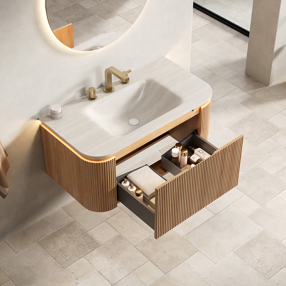 Dexmalle 36'' Bathroom Vanity&Sink,Travertine-Pattern Sintered Stone Hot-bent Integrated Basin, Pre-assembled, Natural Woodgrain Color