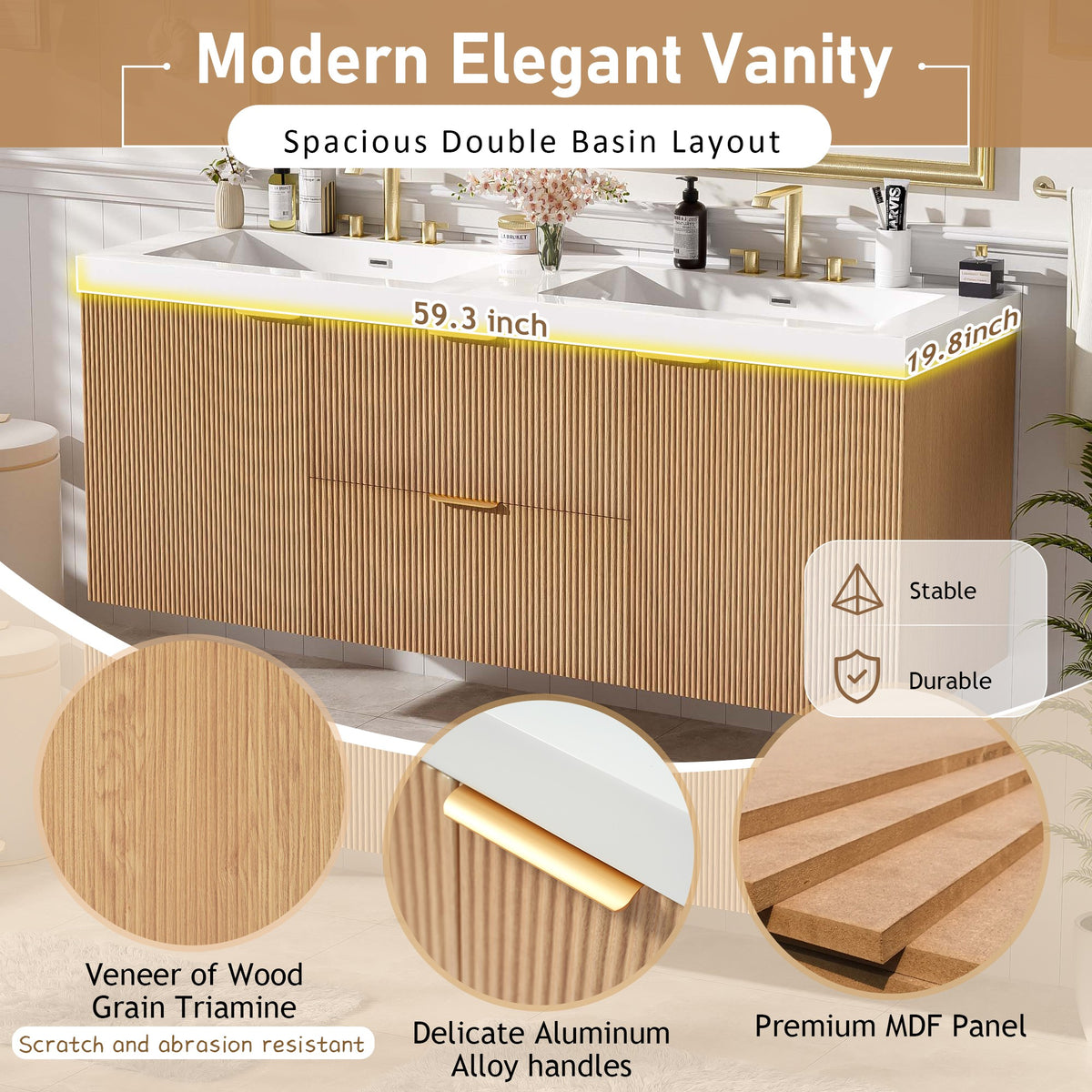 Dexmalle 59.3 Inch Double Sink Bathroom Vanity with SMC Resin Top