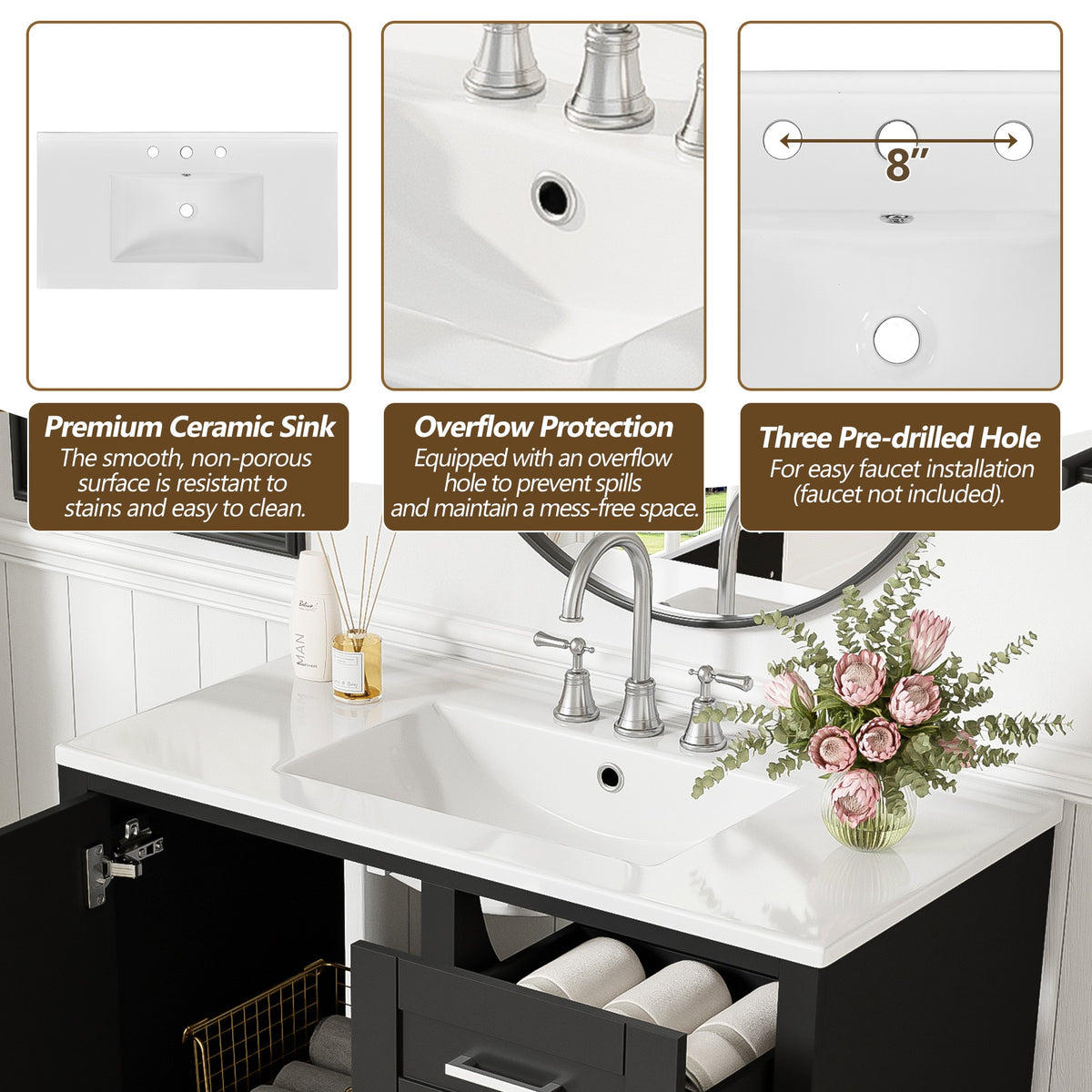 Dexmalle 36" Black Modern Bathroom Cabinet with Sink Combo Set