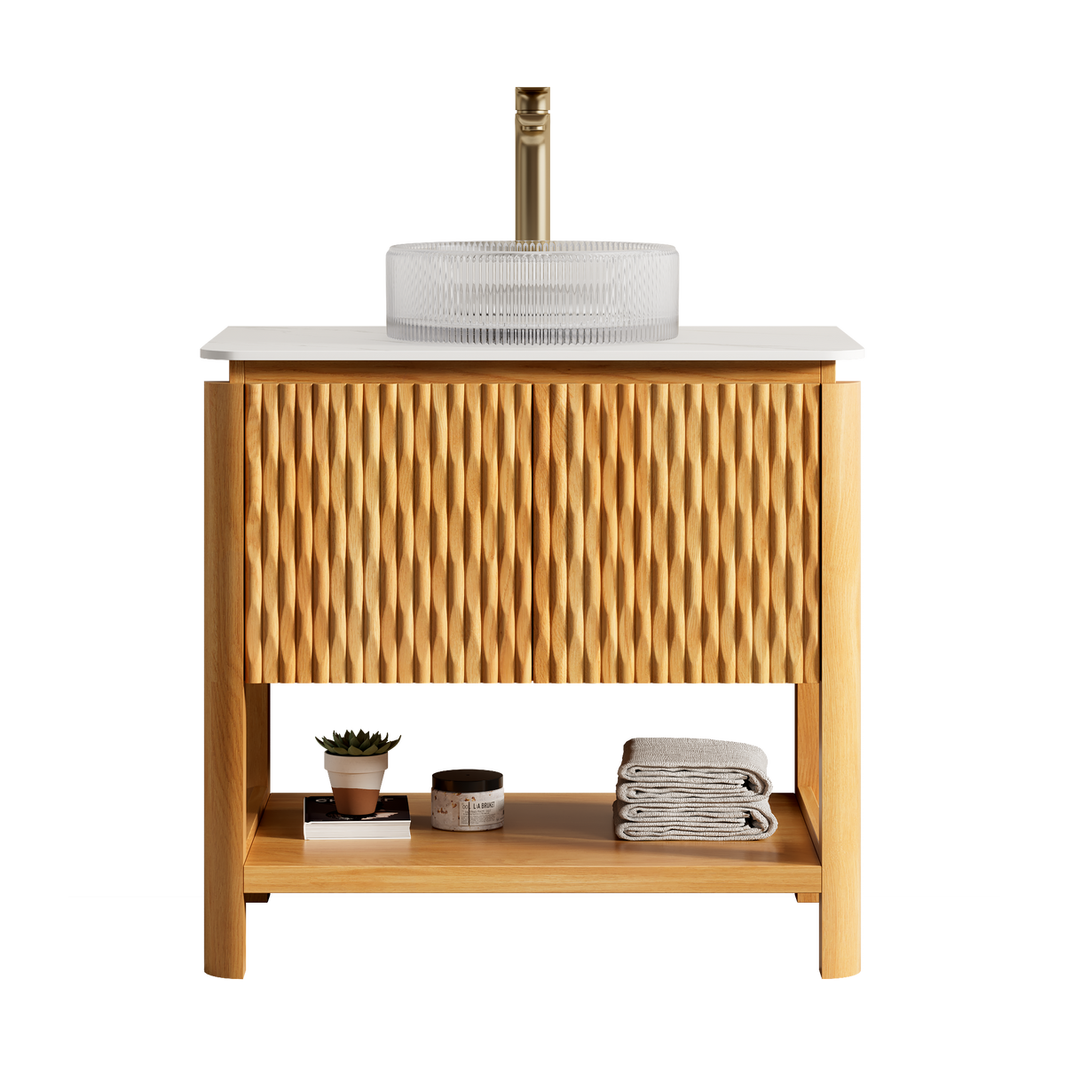 Dexmalle 30" Bathroom Vanity&Sink, Freestanding Plywood Bathroom Storage Cabinet with 2 Bamboo Texture Doors&Open Shelf