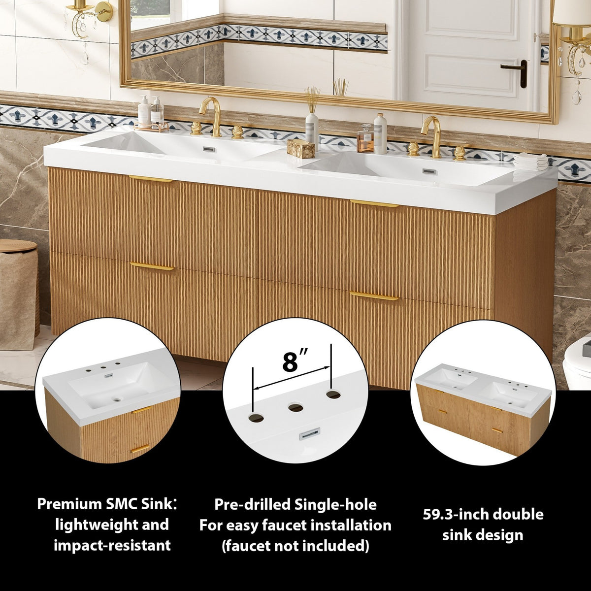 Dexmalle 59.3 Inch Double Sink Bathroom Vanity with SMC Top