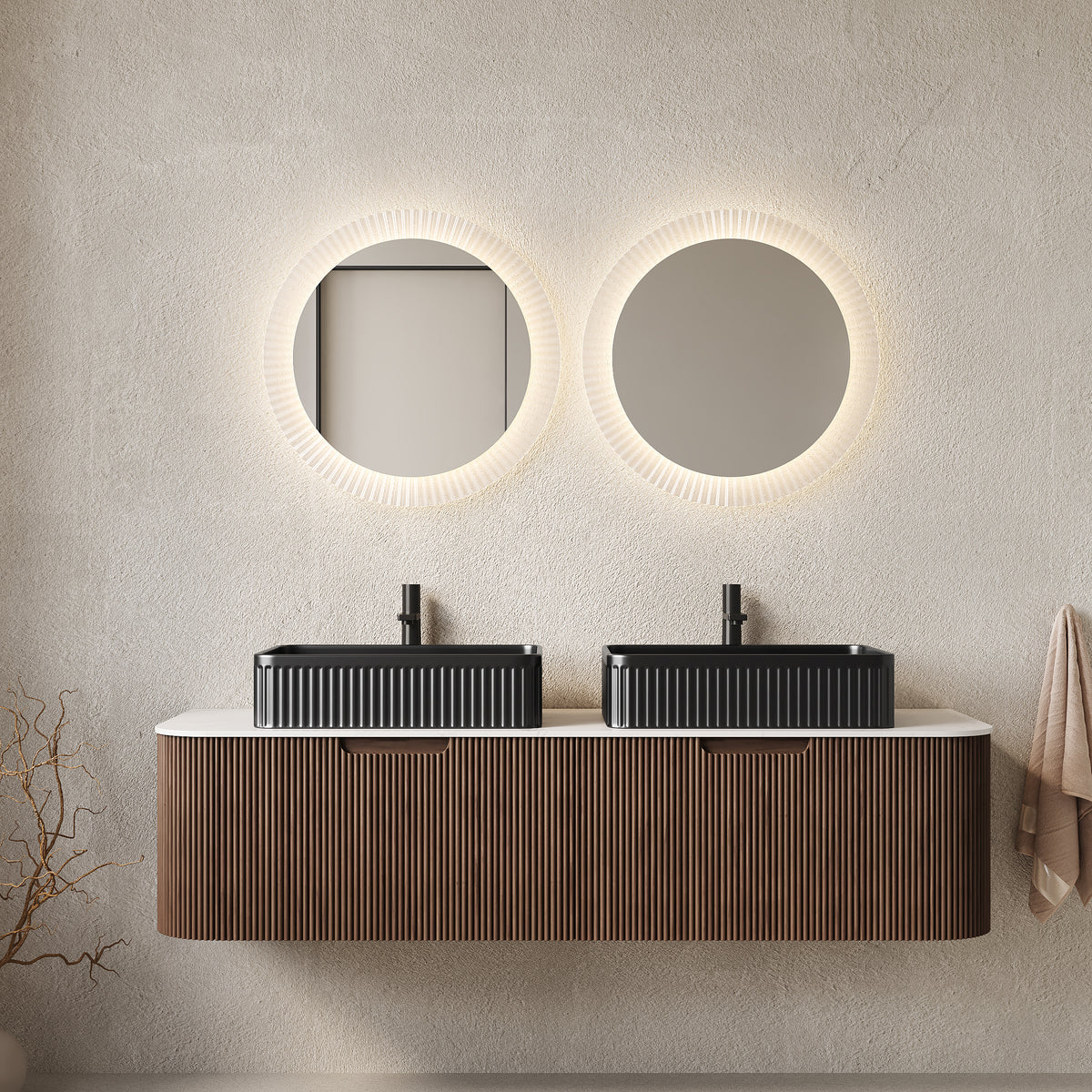 Dexmalle 60" Bathroom Vanity&Sinks, Floating Curved Edges Striped Storage Cabinet with 2 Drawers, 2 Black Rectangular Ceramic Basins