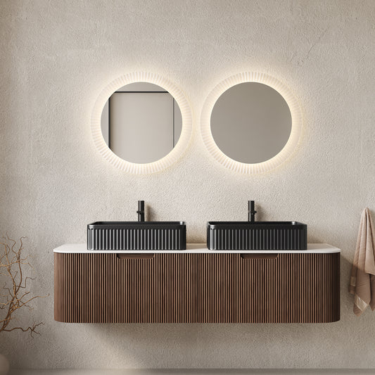 Dexmalle 60" Bathroom Vanity&Sinks, Floating Curved Edges Striped Storage Cabinet with 2 Drawers, 2 Black Rectangular Ceramic Basins