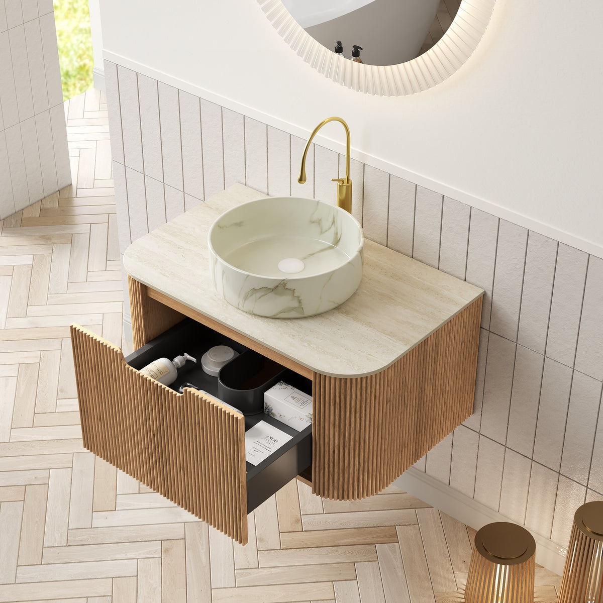 Dexmalle 30" Bathroom Vanity&Sink, Floating Curved Edges Striped Cabinet with Drawer, Round Ceramic Basin with Stone Pattern