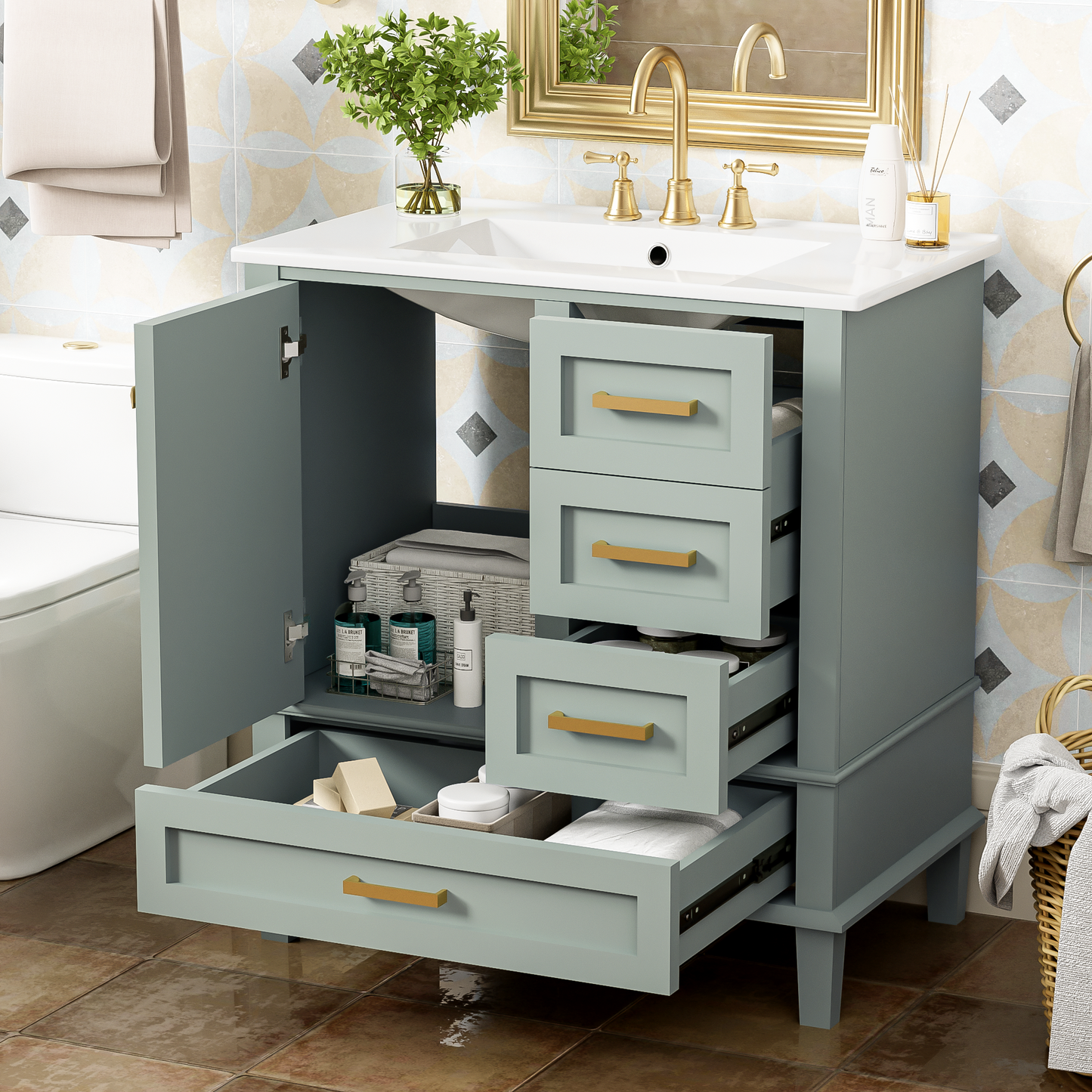 Dexmalle 30-in Light Green Freestanding Single Sink Bathroom Vanity with White Ceramic Top and Drawers