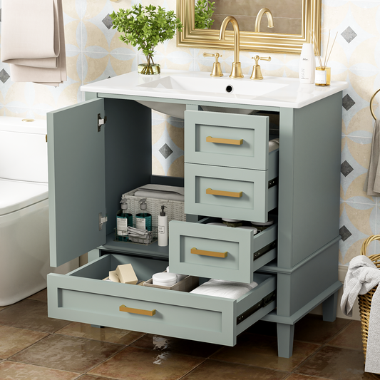 Dexmalle 30-in Light Green Freestanding Single Sink Bathroom Vanity with White Ceramic Top and Drawers