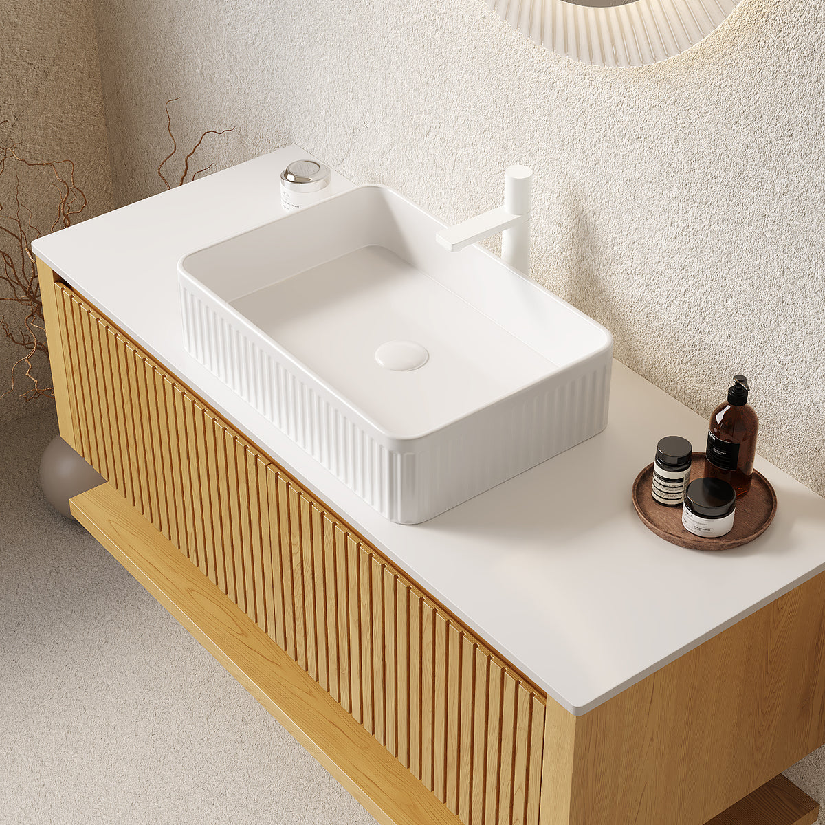 Dexmalle 48" Bathroom Vanity with Sink, Wall Mounted Plywood Bathroom Storage Cabinet with Drawers and Open Shelf, Sintered Stone Countertop and Ceramic Basin