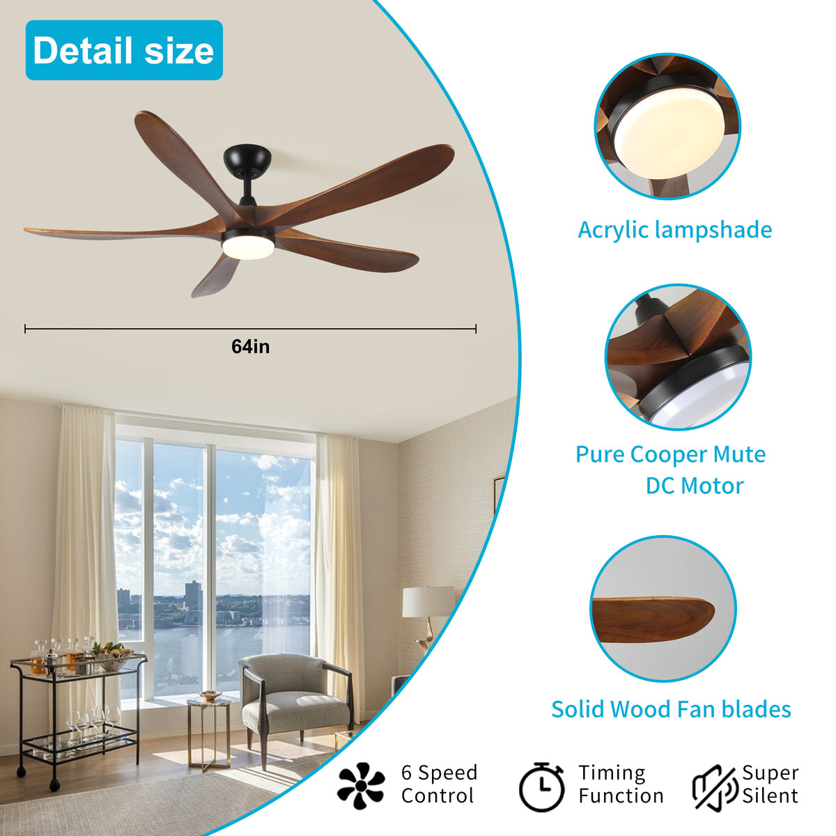 Dexmalle 62-Inch Solid Wood with Remote Control with Light