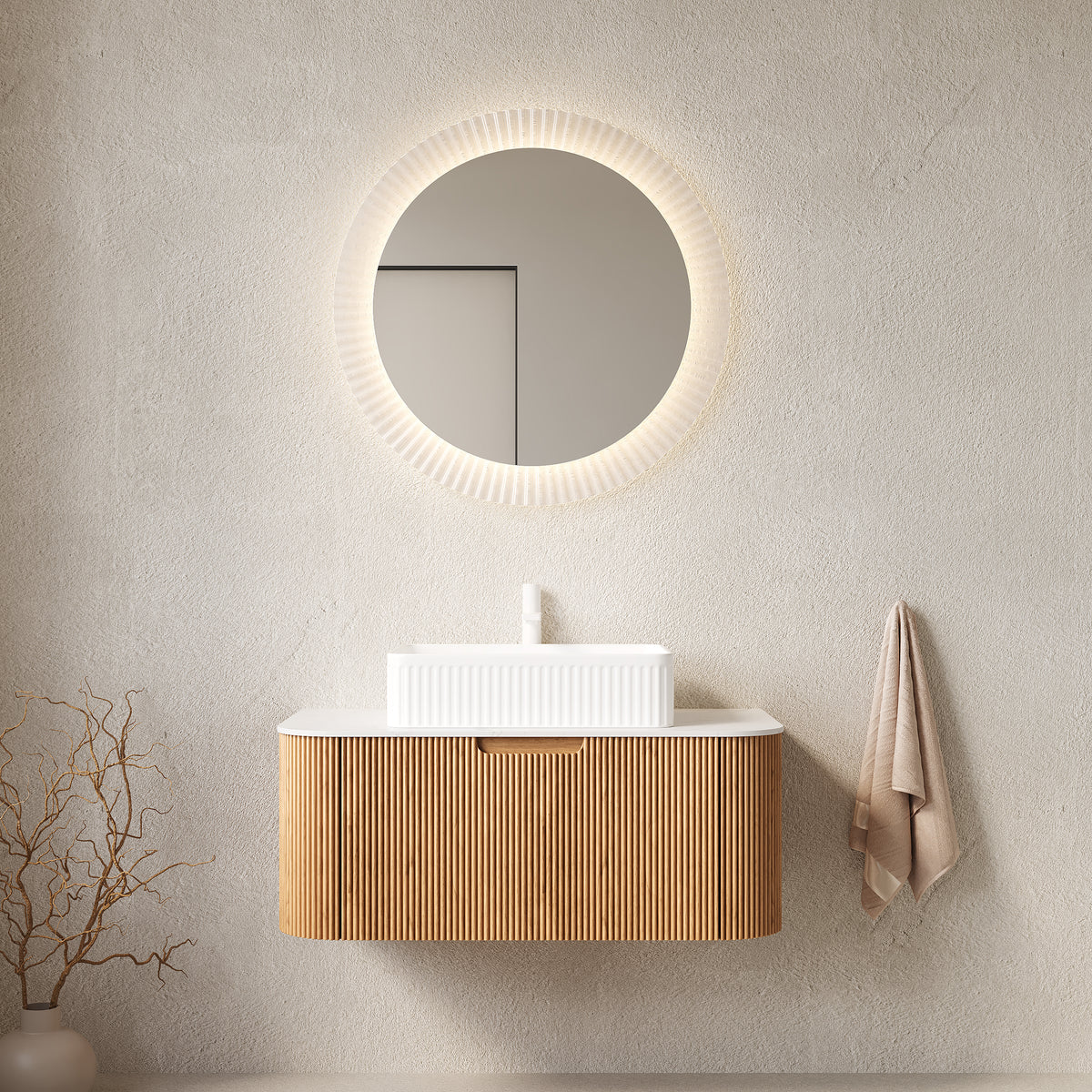 Dexmalle 36" Bathroom Vanity&Sink, Floating Curved Edges Striped Storage Cabinet with Drawer,White Rectangular Ceramic Basin&Carrara White Sintered Stone Top