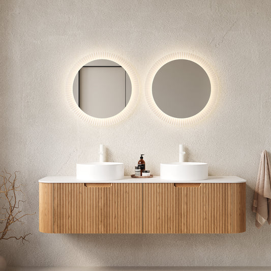 Dexmalle 60" Bathroom Vanity&Sinks, Floating Curved Edges Striped Bathroom Storage Cabinet with 2 Drawers
