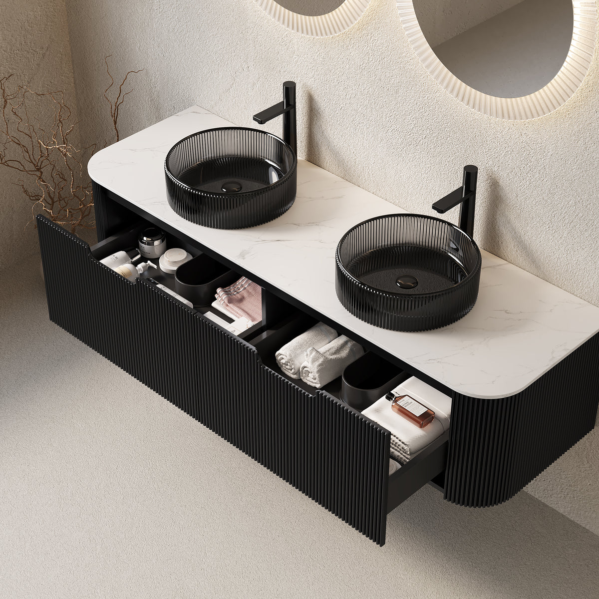 Dexmalle 60" Bathroom Vanity&Sinks, Floating Curved Edges Striped Storage Cabinet with 2 Drawers