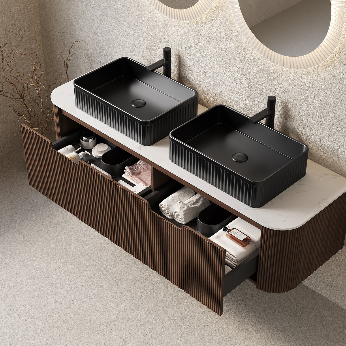 Dexmalle 60" Bathroom Vanity&Sinks, Floating Curved Edges Striped Storage Cabinet with 2 Drawers, 2 Black Rectangular Ceramic Basins