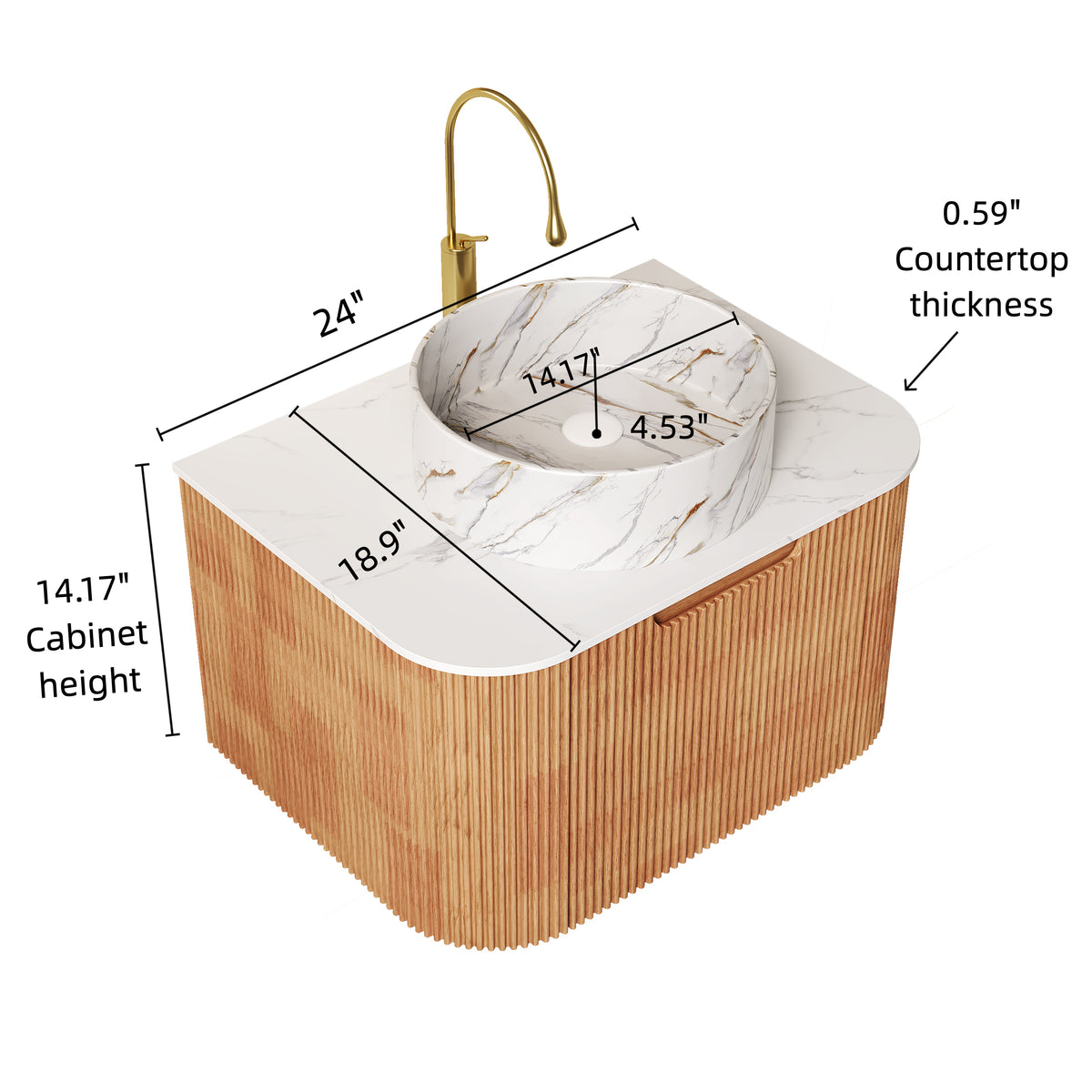 Dexmalle 24" Bathroom Vanity&Sink, Floating Curved Edges Striped Storage Cabinet with Drawer, Matte Stone White Round Ceramic Basin